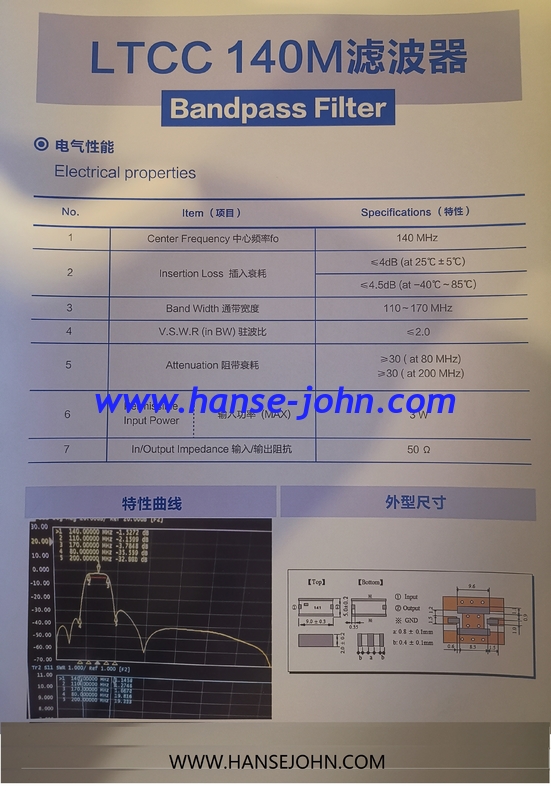 LTCC 140Mhz Bandpass filter  customized product RF transformer Power splitter, combiner, bridge